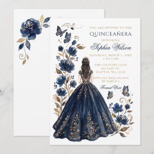 Convite Navy Dourado Floral Princesa Borboleta Quinceañera