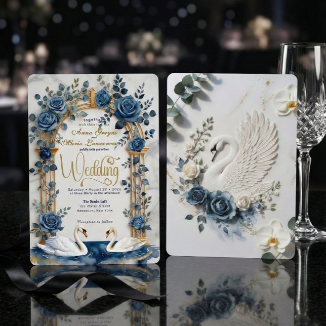 Convite Navy Dusty Blue Gold Faux Foil Floral Swan Wedding (Criador carregado)