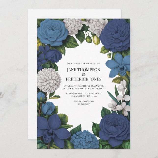 Convite Navy, Dusty Blue & Silver Floral Wedding (Frente/Verso)