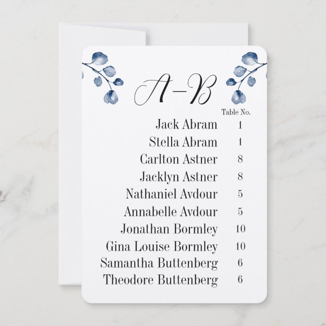 Convite Navy Eucalyptus Alphabet 10 Guest Table Chart Card (Verso)