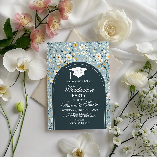 Convite Navy Floral Arch Class of 2026 Grad Invite (Criador carregado)