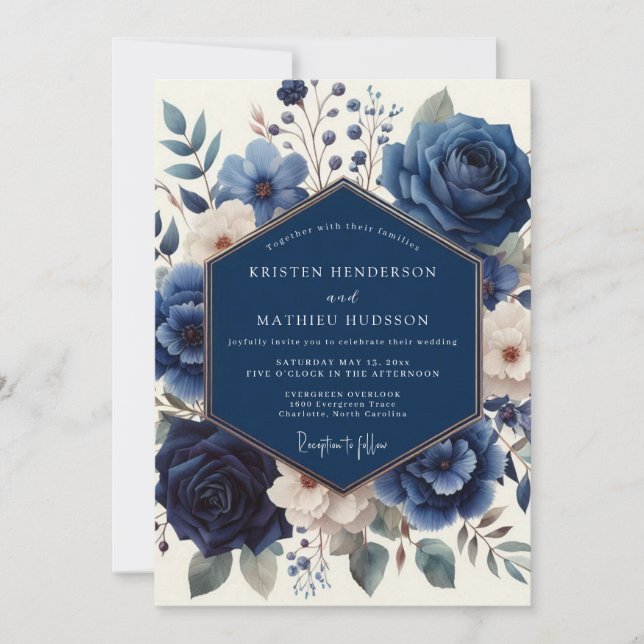 Convite Navy Floral Artistry Wedding (Frente)