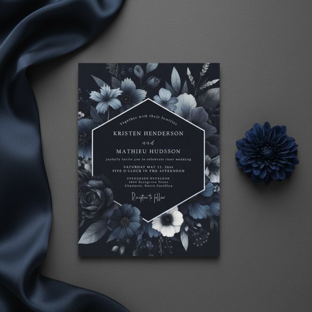 Convite Navy Floral Bloom Wedding (Criador carregado)