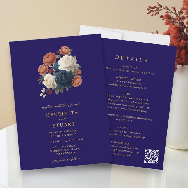 Convite Navy Floral Botanical All-in-One Wedding  (Criador carregado)