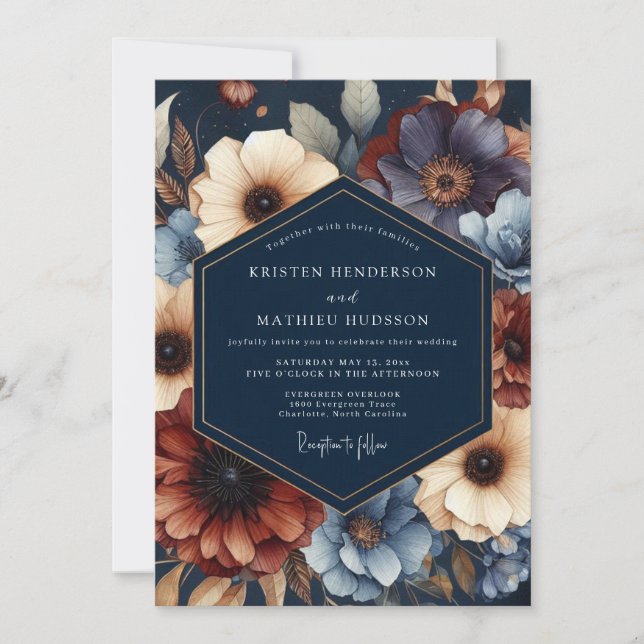 Convite Navy Floral Moody Bloom Wedding (Frente)