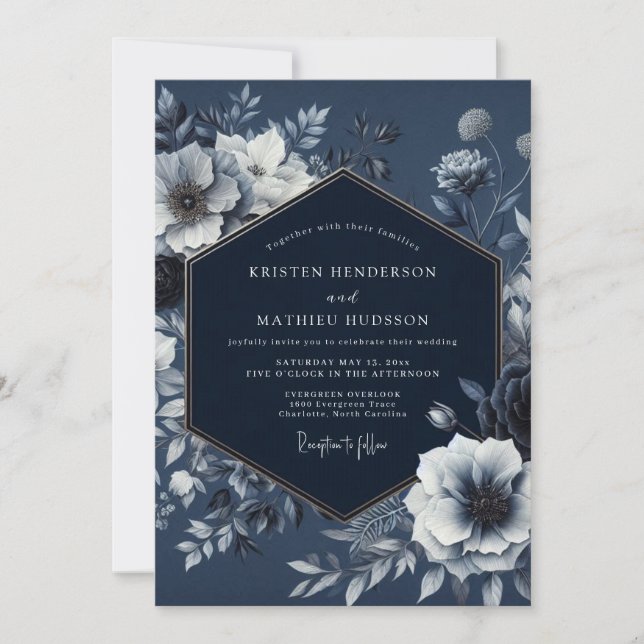 Convite Navy Floral Nocturnal Romance Wedding (Frente)