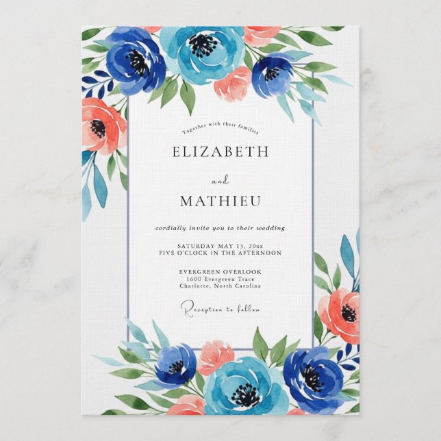 Convite Navy Floral Watercolor Wedding (Frente)