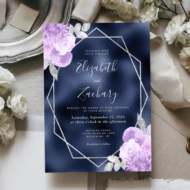 Convite Navy Foil Lilac Silver Floral Wedding (Criador carregado)