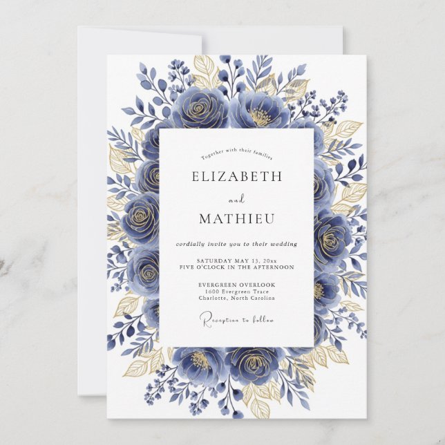 Convite Navy Gilded Bloom Romantic Wedding (Frente)