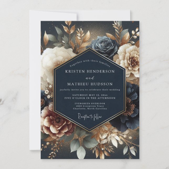 Convite Navy Gilded Bloom Wedding (Frente)