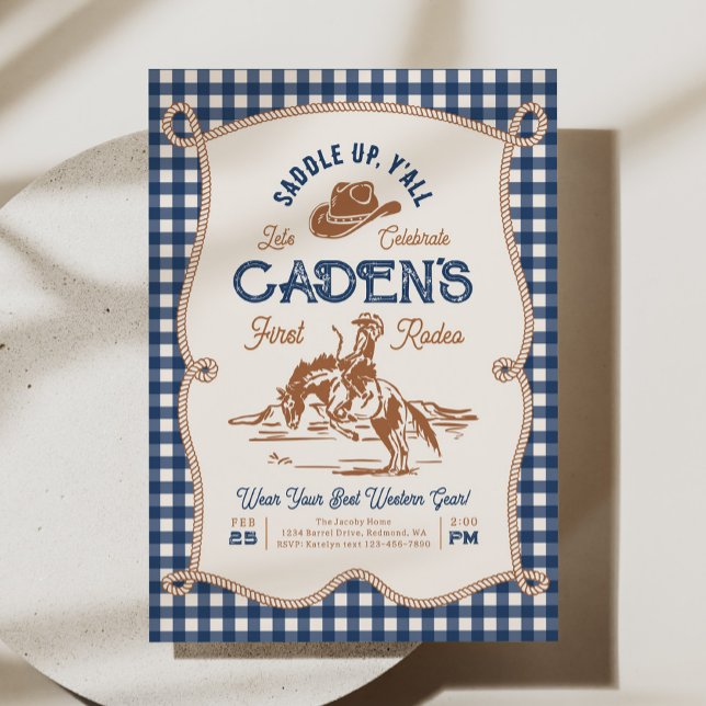 Convite Navy Gingham Rope Rodeo Invitation (Criador carregado)