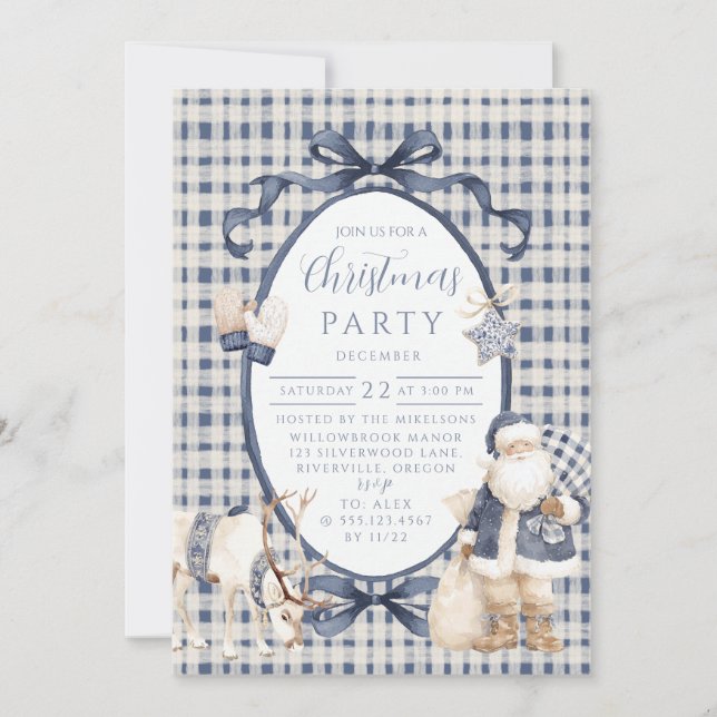 Convite Navy Gingham Santa Christmas (Frente)