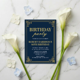 Convite Navy Gold Art Deco 80th Birthday Party Invitation