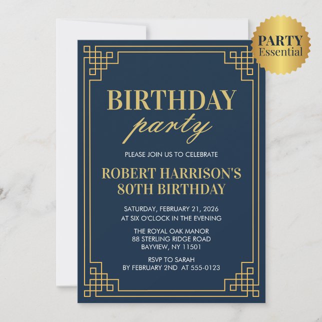 Convite Navy Gold Art Deco 80th Birthday Party Invitation (Criador carregado)