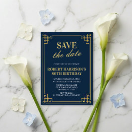 Convite Navy Gold Art Deco 80th Birthday Save the Date