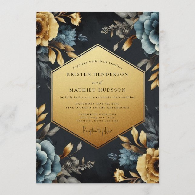 Convite Navy Gold Baroque Bloom Wedding (Frente)