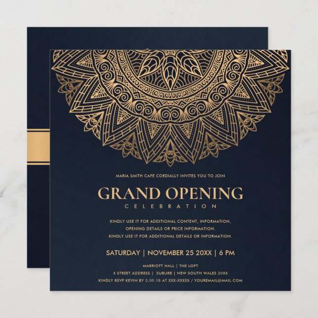 CONVITE NAVY GOLD CLÁSSICO ORNATO MANDALA GRANDE INAUGURAÇ (Frente/Verso)