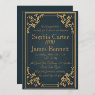 Convite Navy Gold Elegant Formal Wedding Invitation
