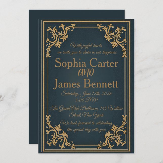 Convite Navy Gold Elegant Formal Wedding Invitation (Frente/Verso)