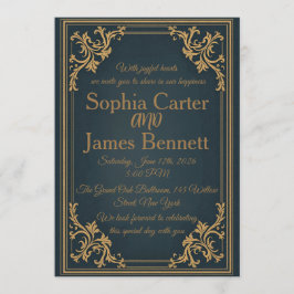 Convite Navy Gold Elegant Formal Wedding Invitation