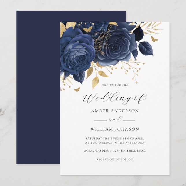 Convite Navy Gold Floral Rose Wedding   (Frente/Verso)