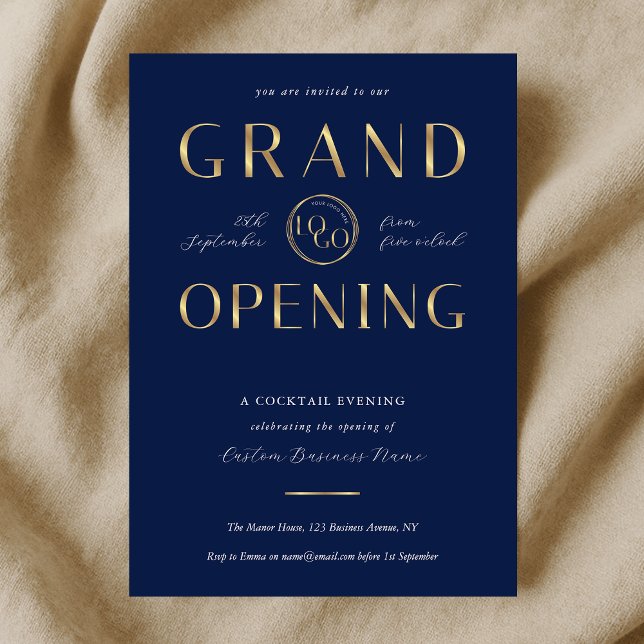 Convite Navy & Gold Logo Business Grand Opening Corporate (Criador carregado)