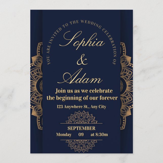 Convite Navy & Gold Mandala Invitation (Frente)