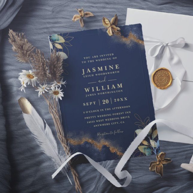 Convite Navy Gold Modern Elegant Chic QR Code Wedding (Criador carregado)