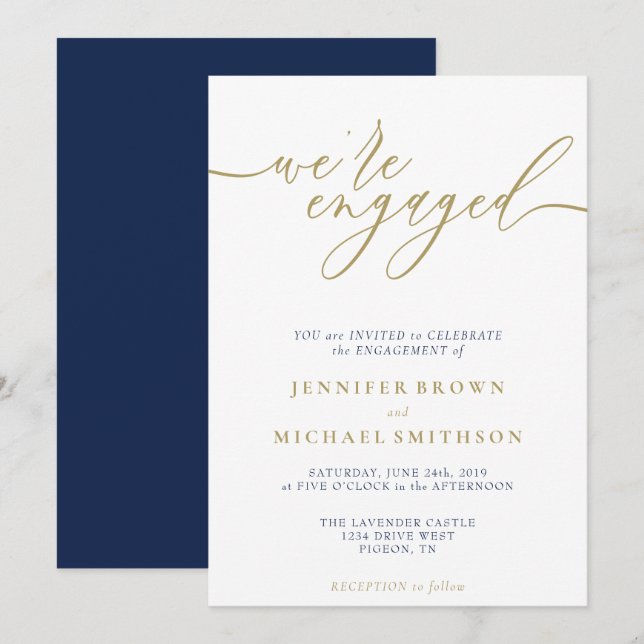 Convite Navy Gold Moderno Estamos Engajados (Frente/Verso)