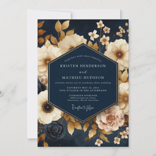 Convite Navy Gold Painterly Bloom Wedding (Frente)