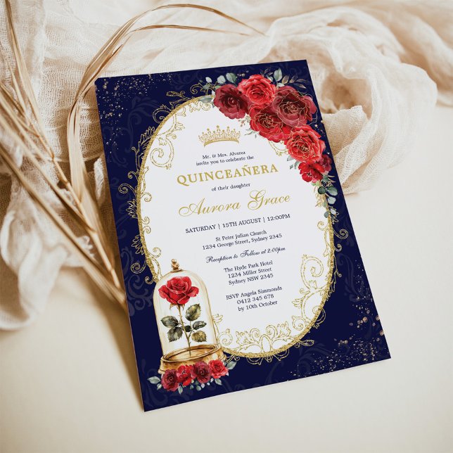 Convite Navy Gold Quinceañera Enchanted Red Roses Party (Criador carregado)