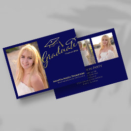 Convite Navy Gold Script Multi Photo Graduation Party Invi
