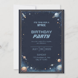 Convite Navy Gold Watercolor Rocket Planet Border Birthday