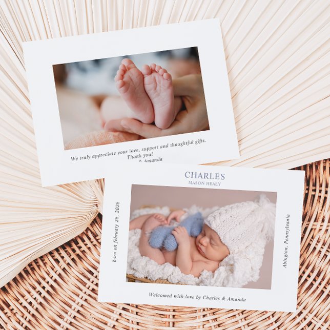 Convite Navy Gray Minimalist Photo Baby Announcement Card (Criador carregado)