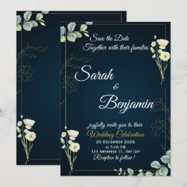 Convite Navy Greenery Elegant Wedding Invitation