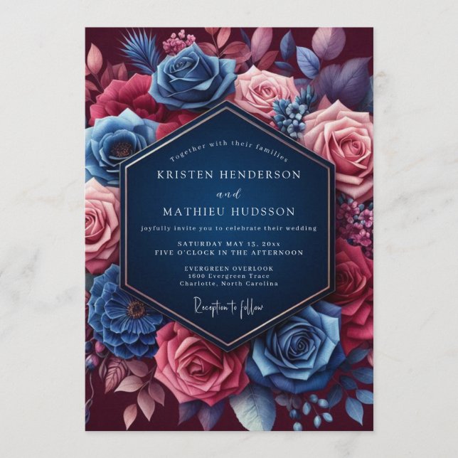Convite Navy Jeweled Bloom Wedding (Frente)