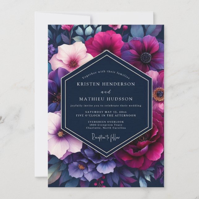 Convite Navy & Magenta Vibrant Floral Wedding (Frente)