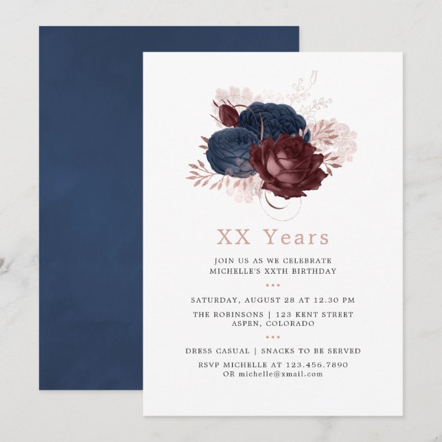 Convite Navy, Marrom e Rosa Dourado Floral Aniversário (Frente/Verso)