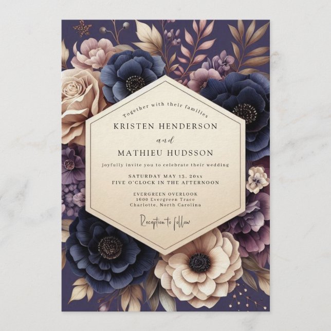 Convite Navy & Mauve Somber Floral Wedding (Frente)