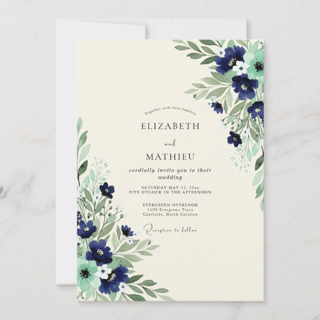 Convite Navy Mint Exquisite Botanical Wedding (Frente)