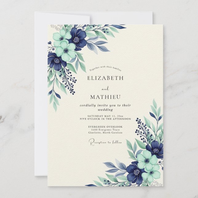 Convite Navy Mint Serene Botanical Wedding (Frente)