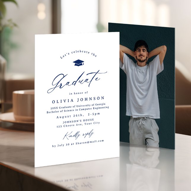 Convite Navy Modern Calligraphy Simple Photo Graduation (Navy Modern Calligraphy Simple Photo Graduation Invitation)