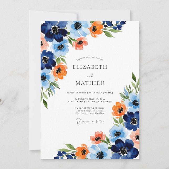 Convite Navy Orange Painterly Bloom Wedding (Frente)