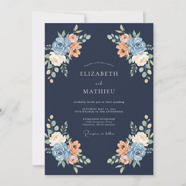 Convite Navy Peach Blossom Flourish Wedding (Frente)