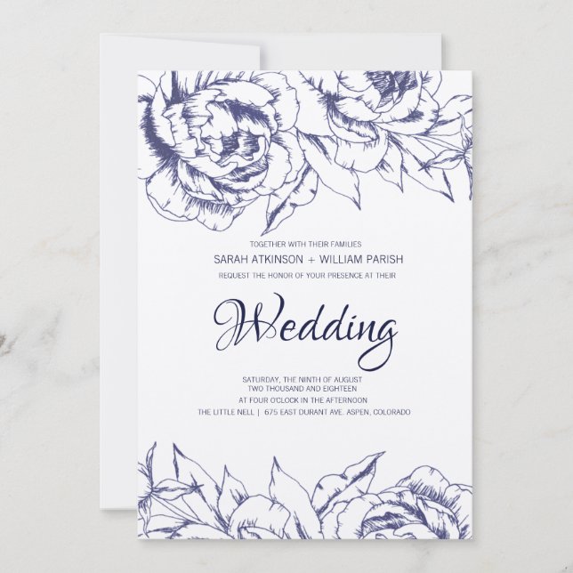 Convite Navy Peony Simple Wedding Invitation (Frente)
