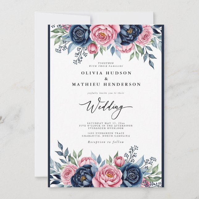 Convite Navy Pink Botanical Bliss Wedding (Frente)