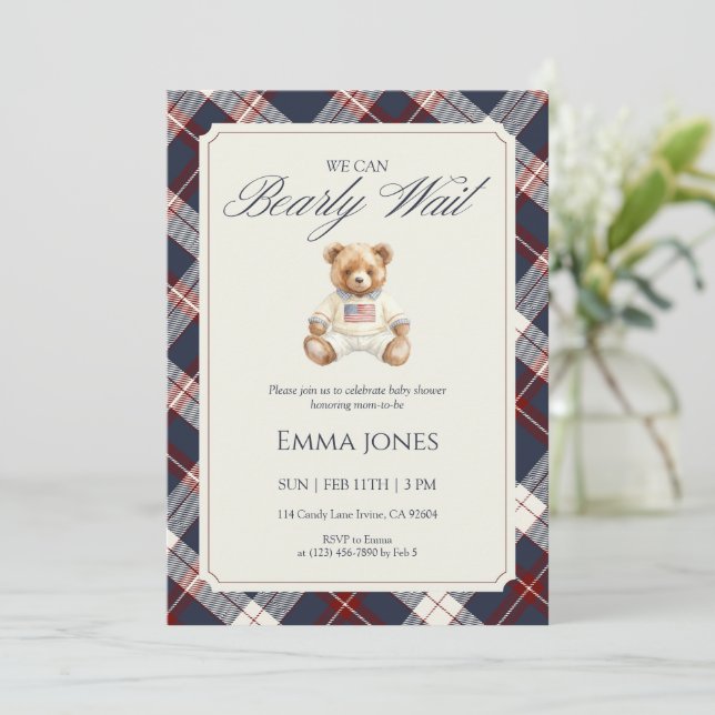 Convite Navy Plaid Teddy Bear Baby Shower (Em pé/Frente)