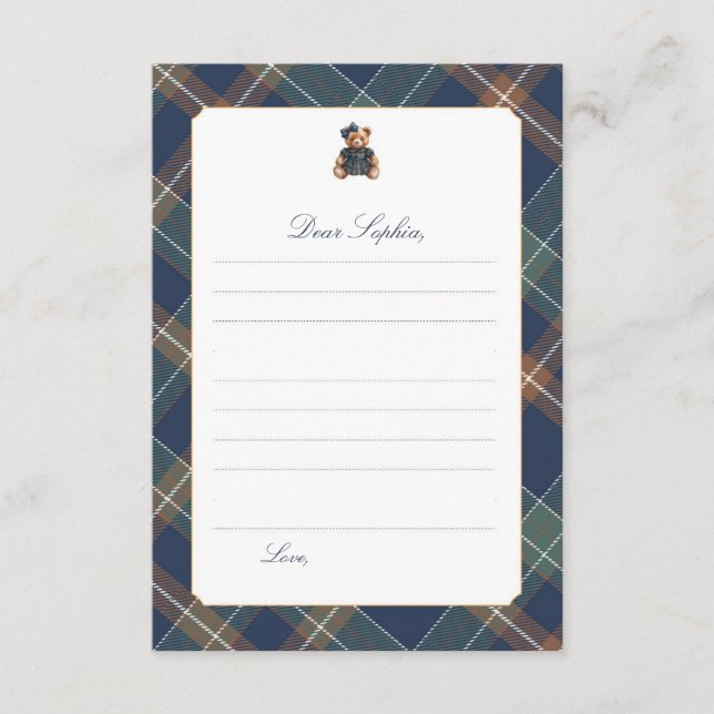 Convite Navy Plaid Teddy Bear Girl Time Capsule Card (Frente)