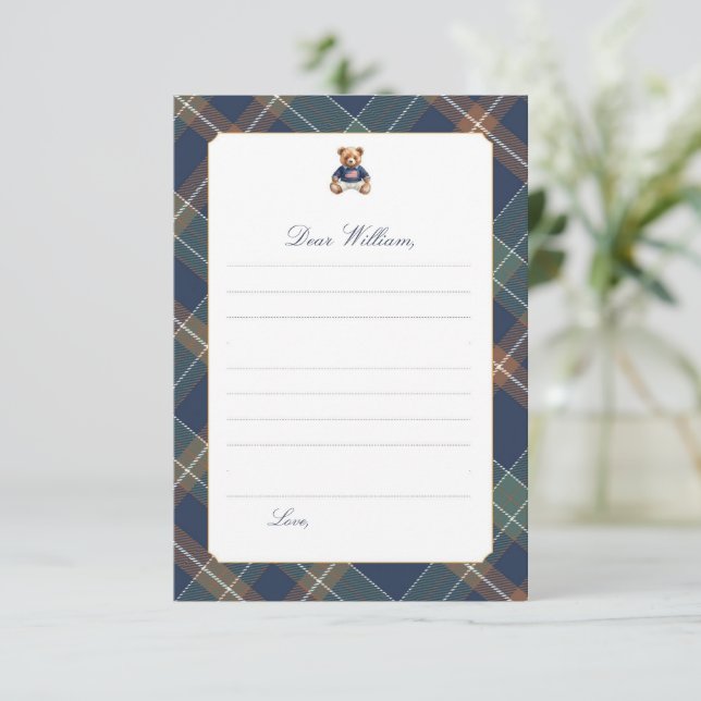 Convite Navy Plaid Teddy Bear Time Capsule Card (Em pé/Frente)