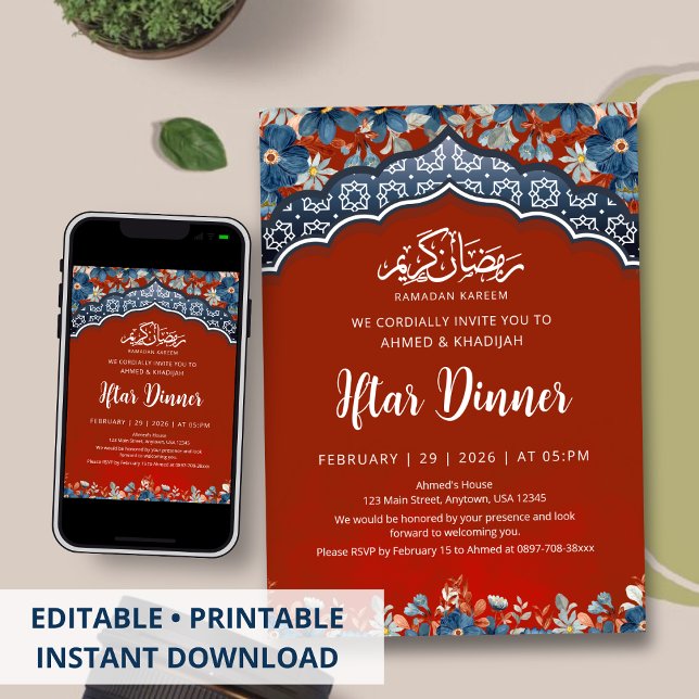 Convite Navy Red Geometric Ramadan Iftar Dinner Invitation (Criador carregado)